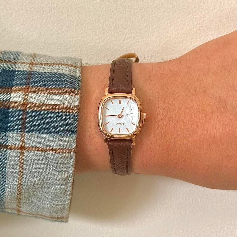 Y2K Rose Gold Brown Leather Quartz Watch with White Dial Unisex 8.5" New